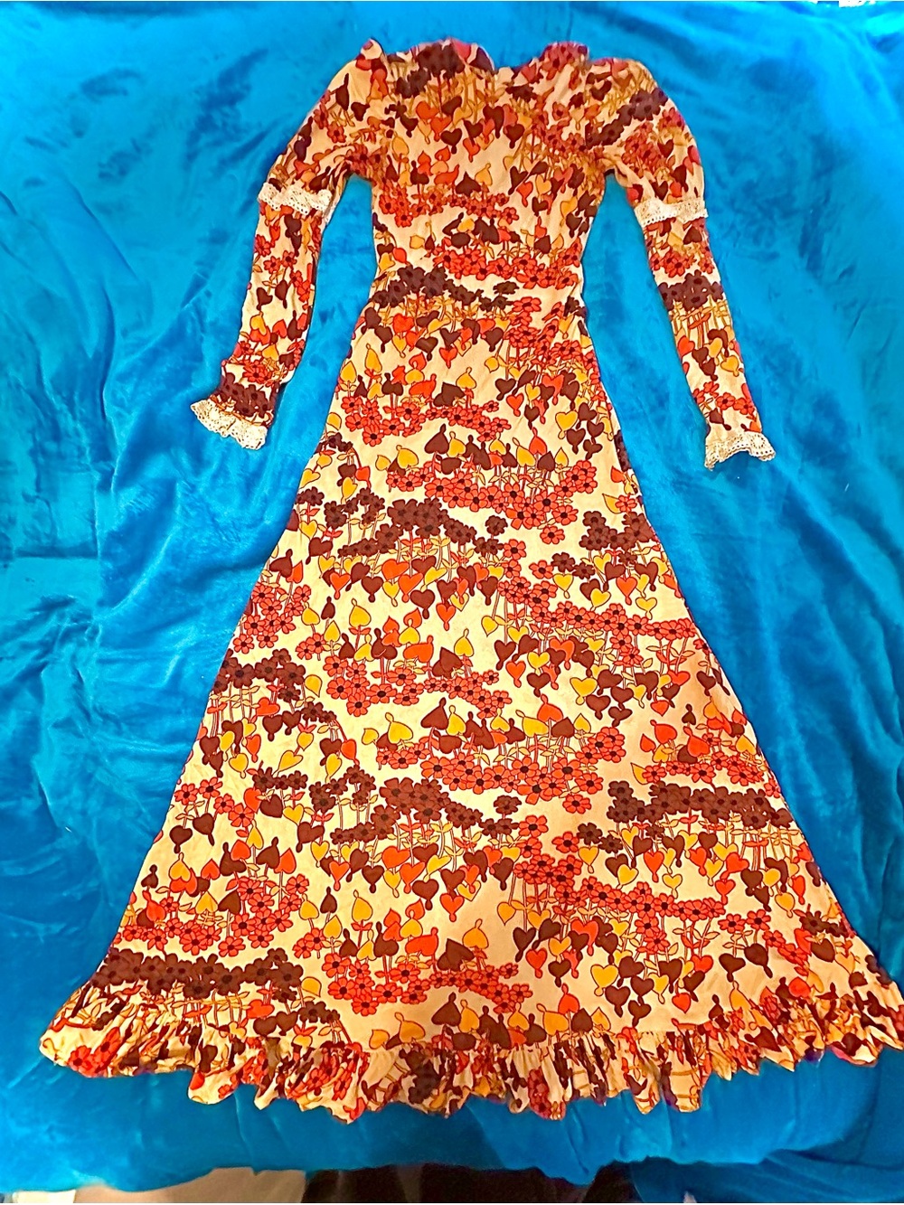 Authentic Vintage Orange Floral Maxi Dress 60s/70s size small handmade? Rare!